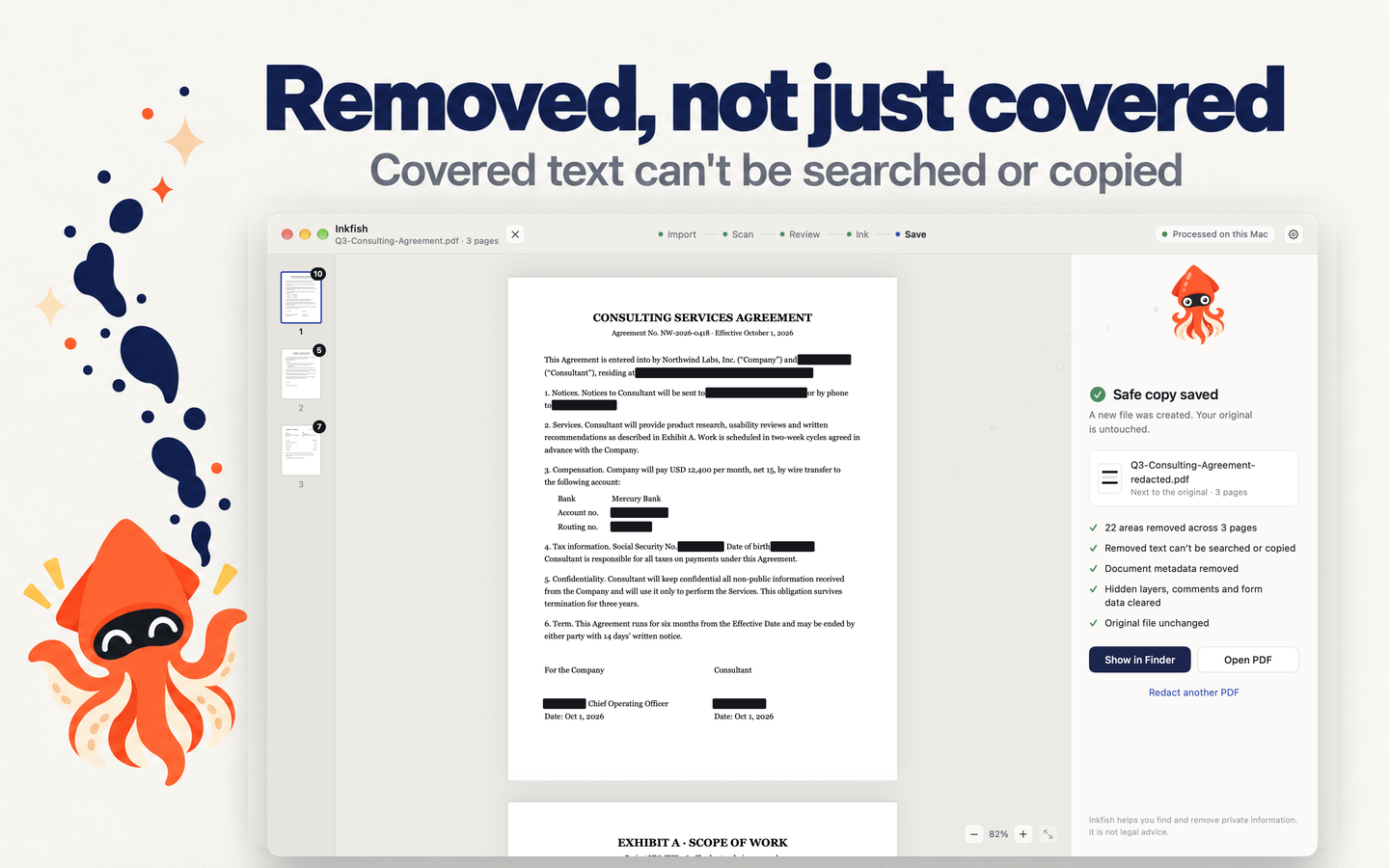 The done panel after redaction: black boxes over every chosen item and a checklist confirming 22 areas removed, text not searchable or copyable, and metadata cleared.