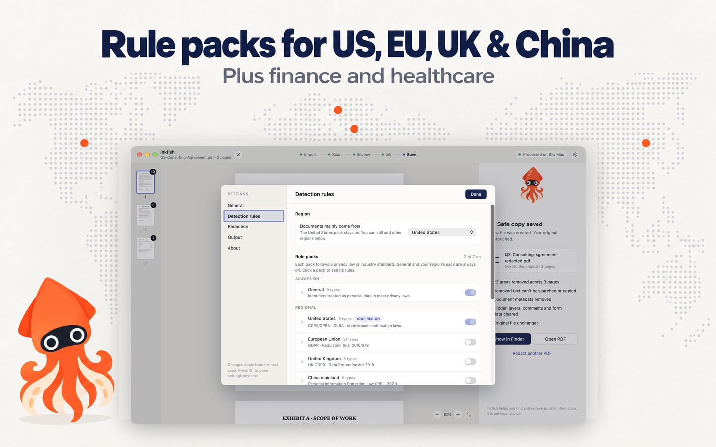Detection rules in Settings: region set to United States, with the General, US, EU, UK and mainland China rule packs and their laws listed.