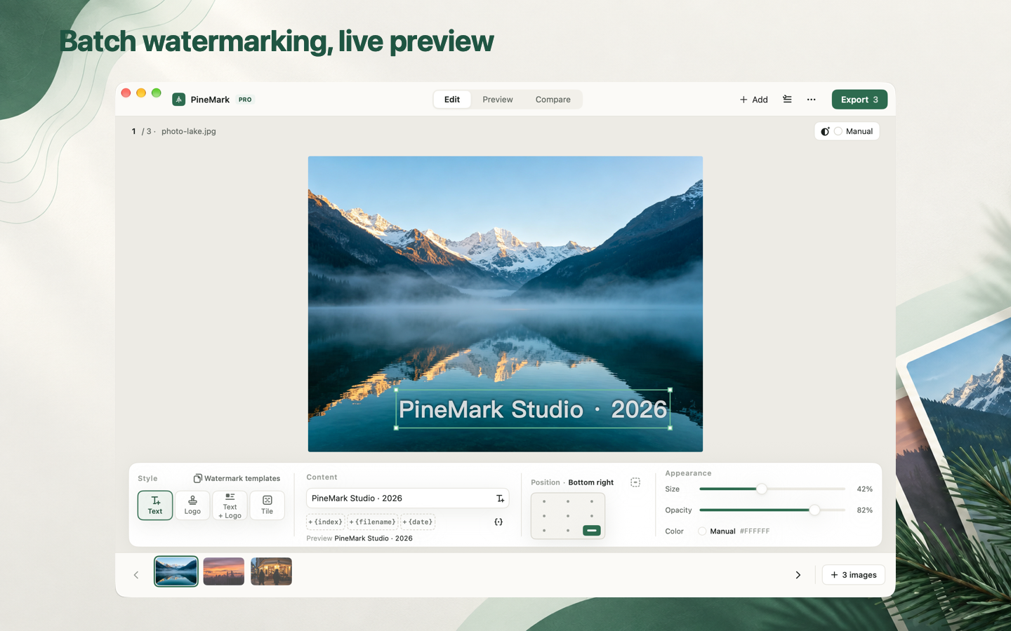 PineMark batch watermark editor with three photos and live controls
