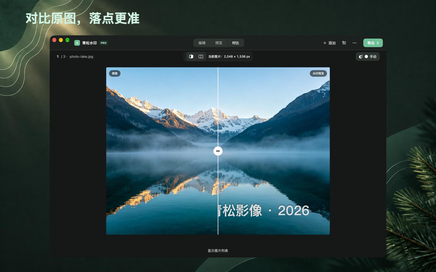 青松水印深色模式原图与水印效果对比