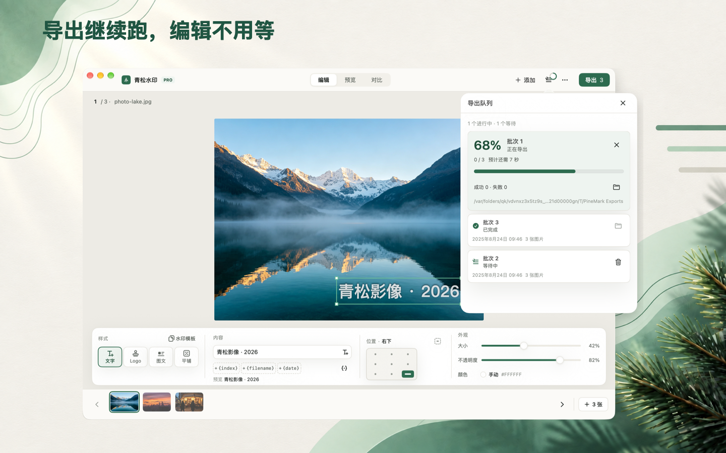青松水印导出队列展示 PNG、JPEG 与 WebP 批次